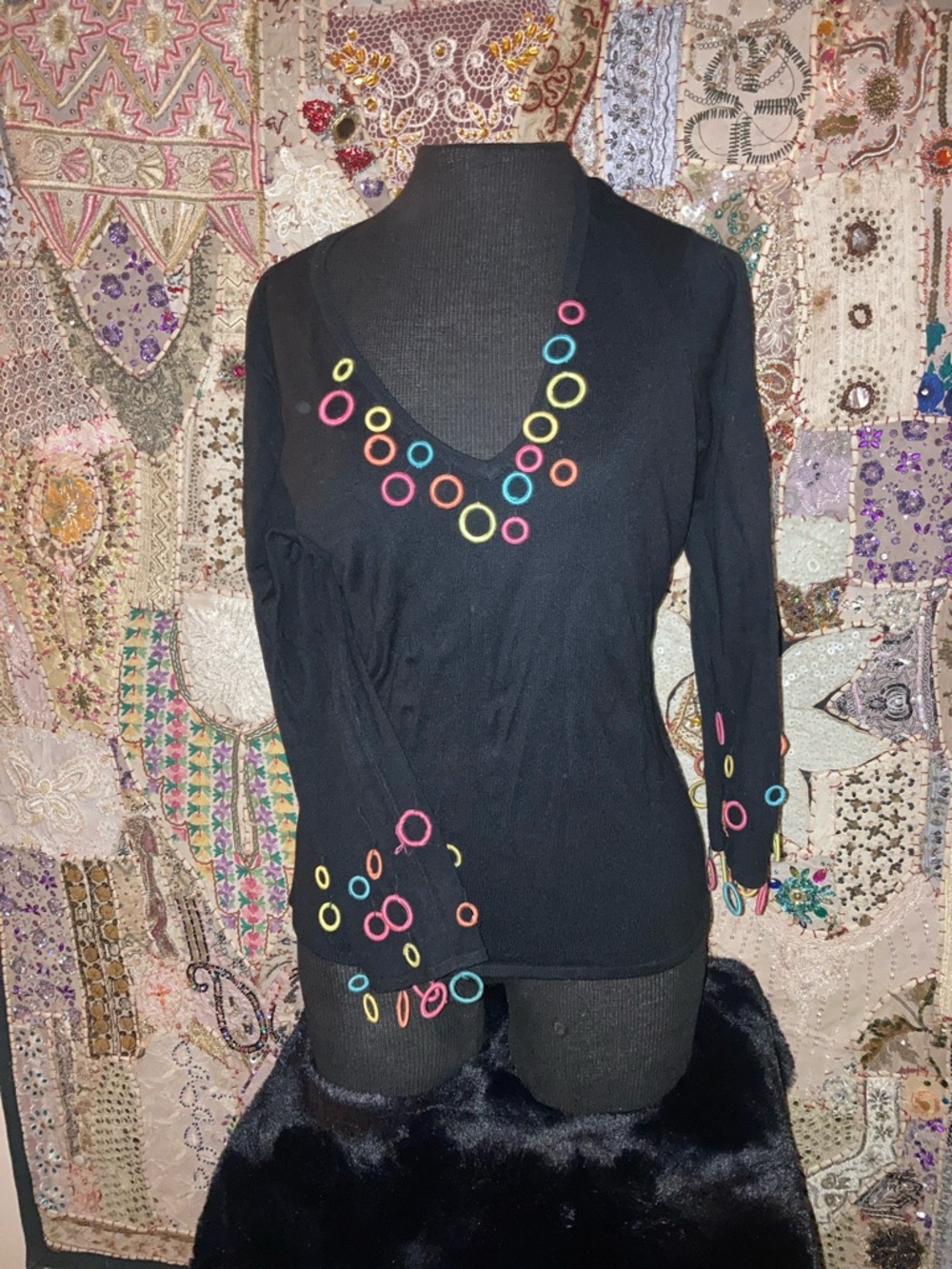 Women's Black Long-Sleeve Top with Multicolor Ring Details